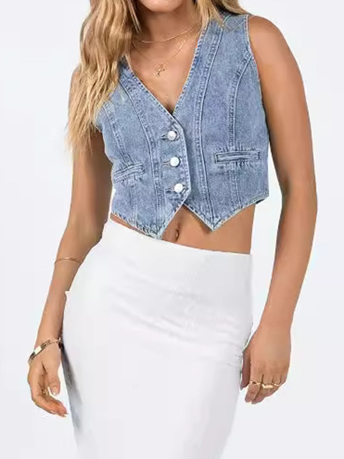 Button Up Sleeveless Denim Top