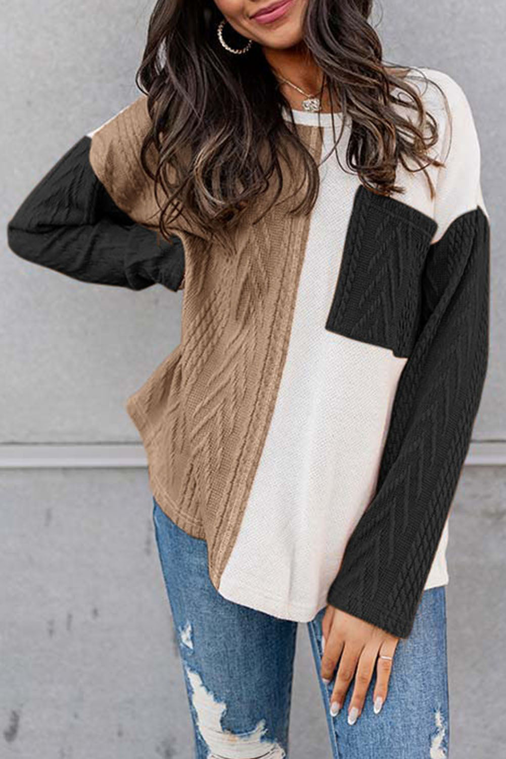 Full Size Color Block Cable-Knit Sweater