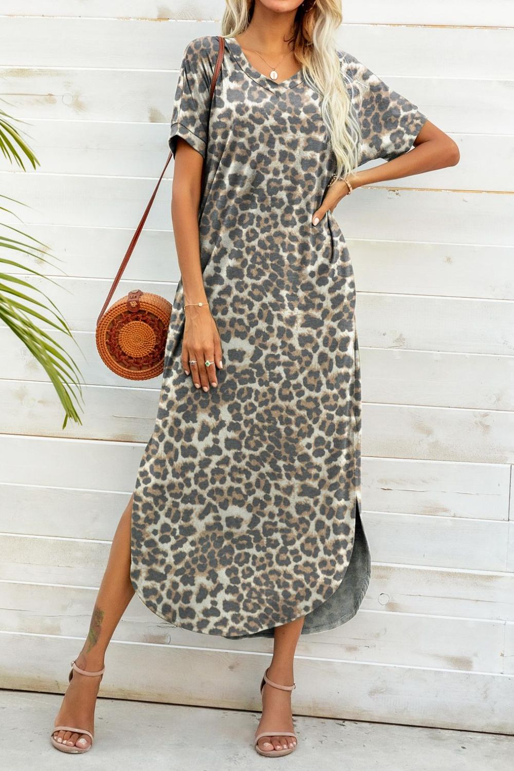 Printed V-Neck Curved Hem Dress