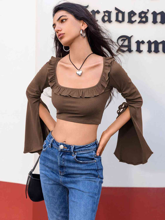 Open Bell Sleeve Square Neck Crop Top