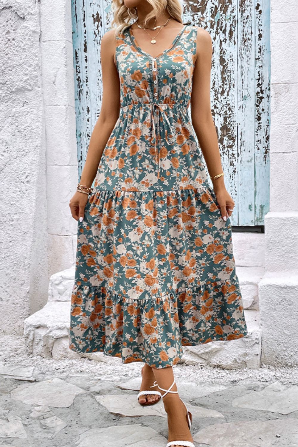 Floral V-Neck Tiered Sleeveless Dress