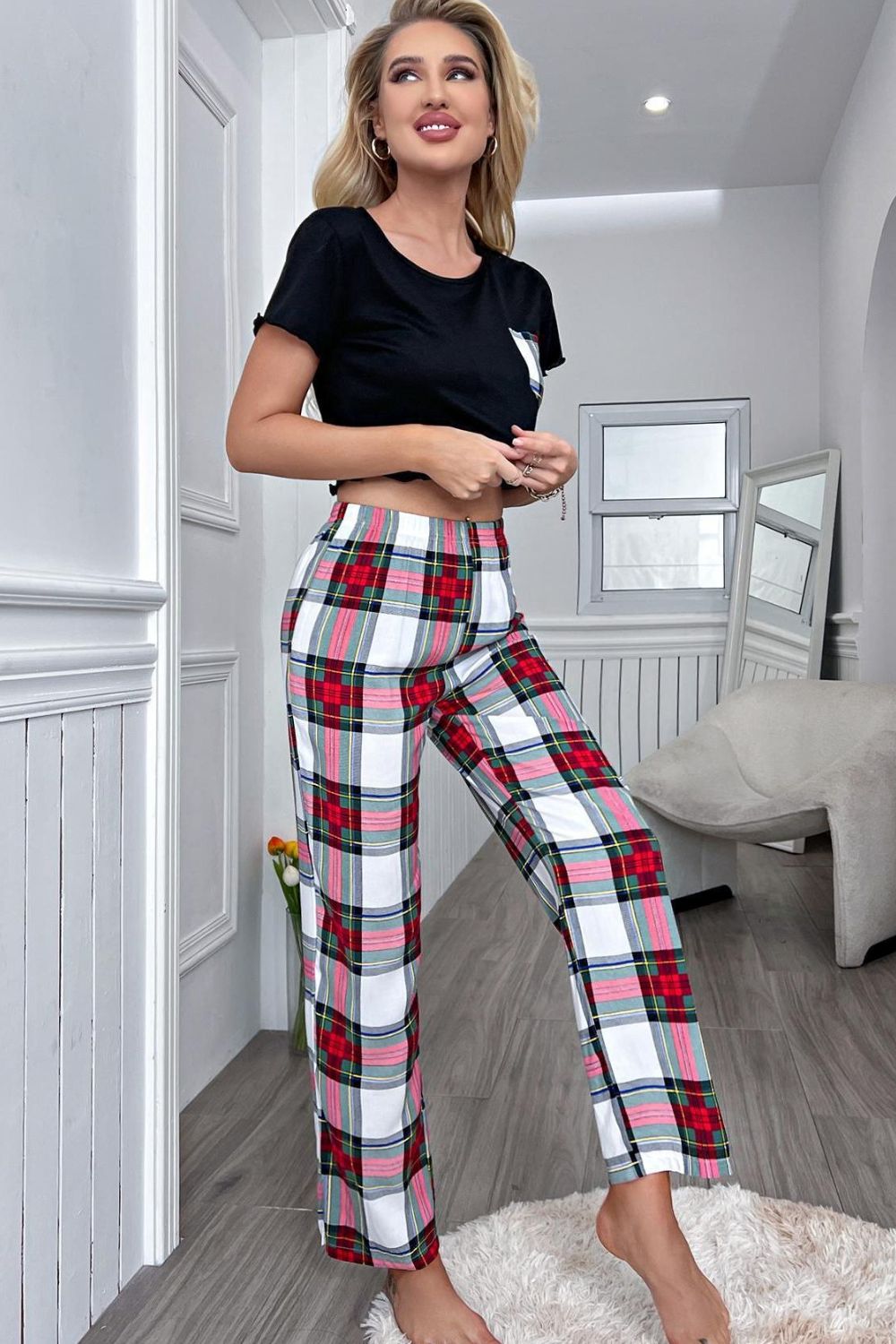 Womens Pajamas Lettuce Trim Cropped T-Shirt and Plaid Pants Lounge Set –  KesleyBoutique