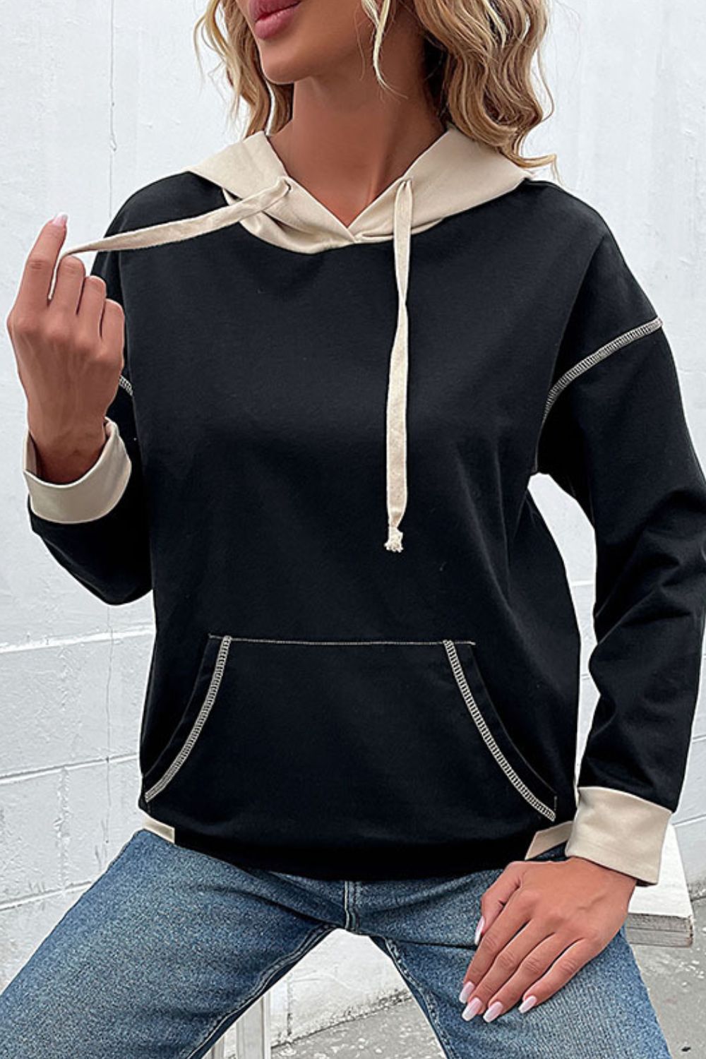 Contrast Drawstring Detail Drop Shoulder Hoodie