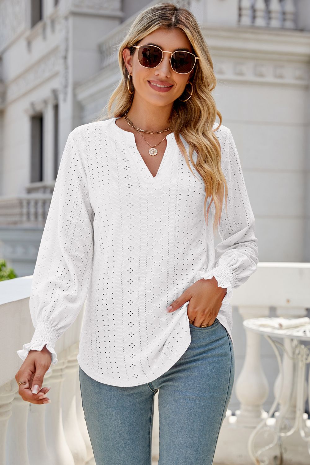 Notched Flounce Sleeve Eyelet Top