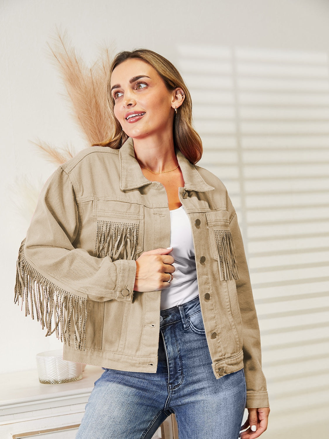 Fringe Detail Dropped Shoulder Denim Jacket