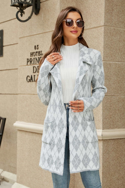 Printed Open Front Lapel Collar Cardigan with Pockets