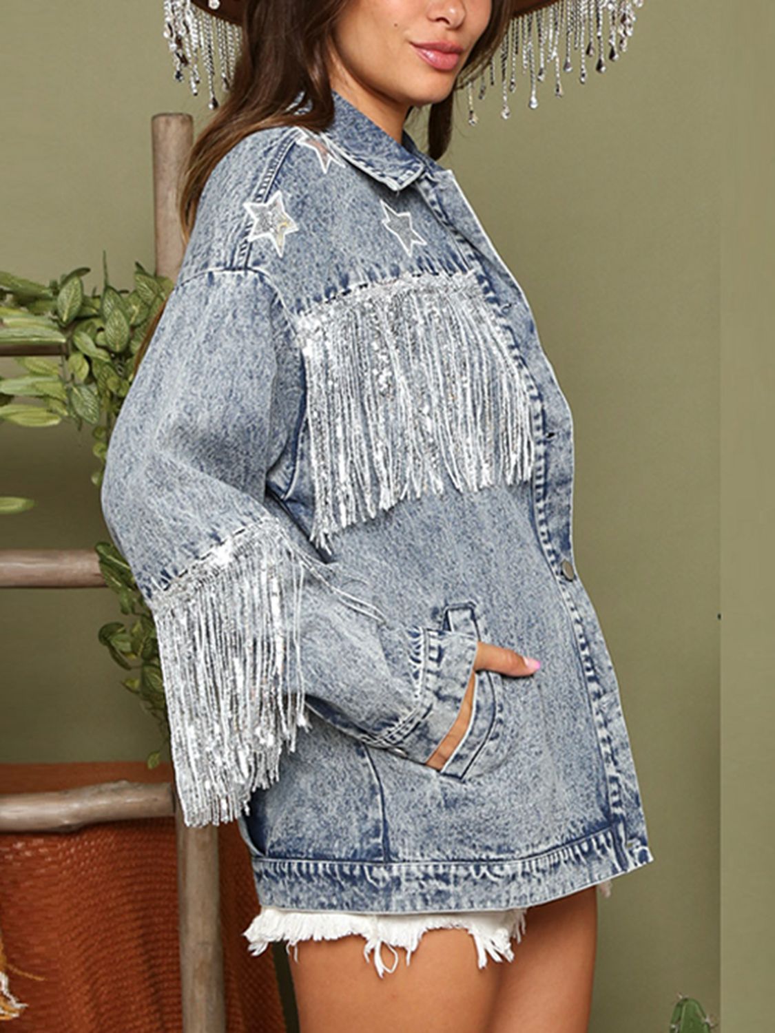 Fringe Detail Long Sleeve Denim Jacket