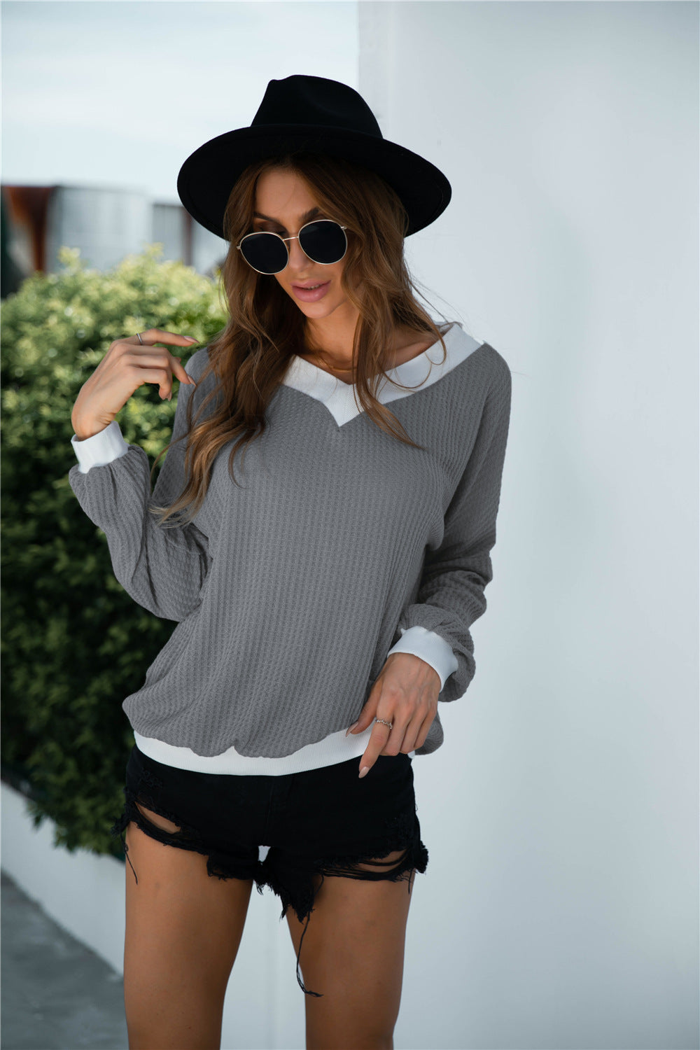 Off-Shoulder Waffle-knit Dropped Shoulder Blouse