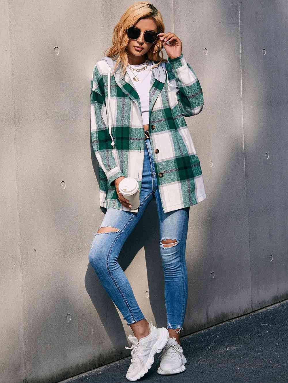 Plaid Dropped Shoulder Hooded Jacket